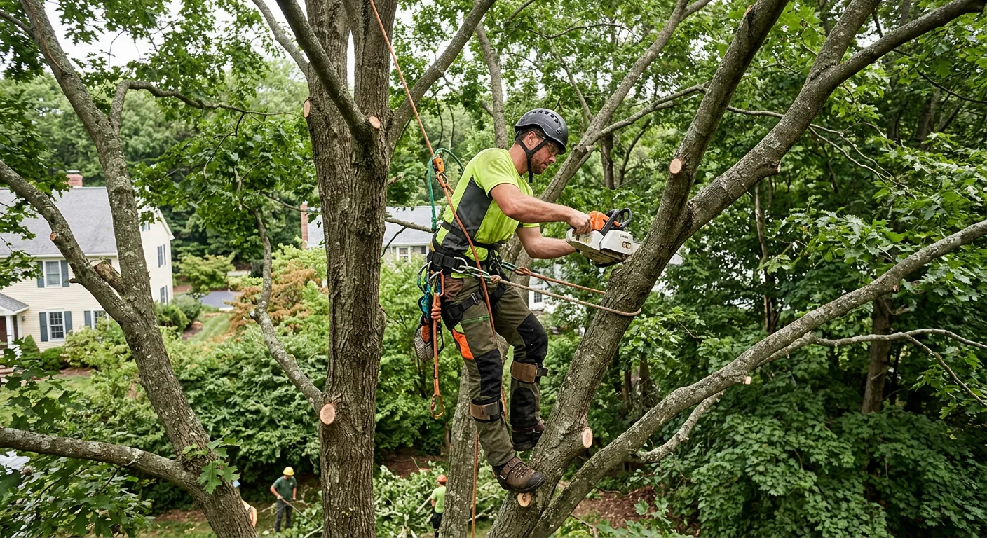 Climber suspended in a rope harness thinning the upper crown of a tall tree