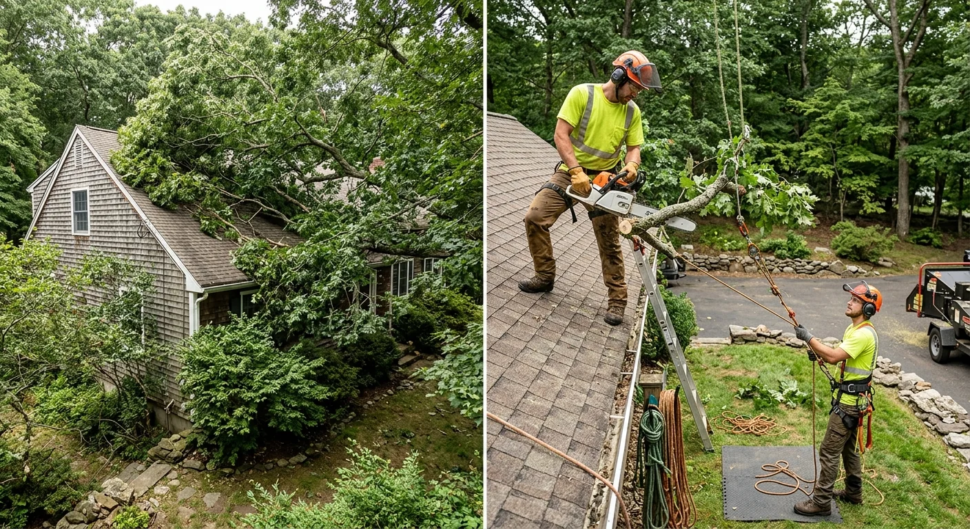 Before context showing an overgrown canopy crowding a Shelton home roofline