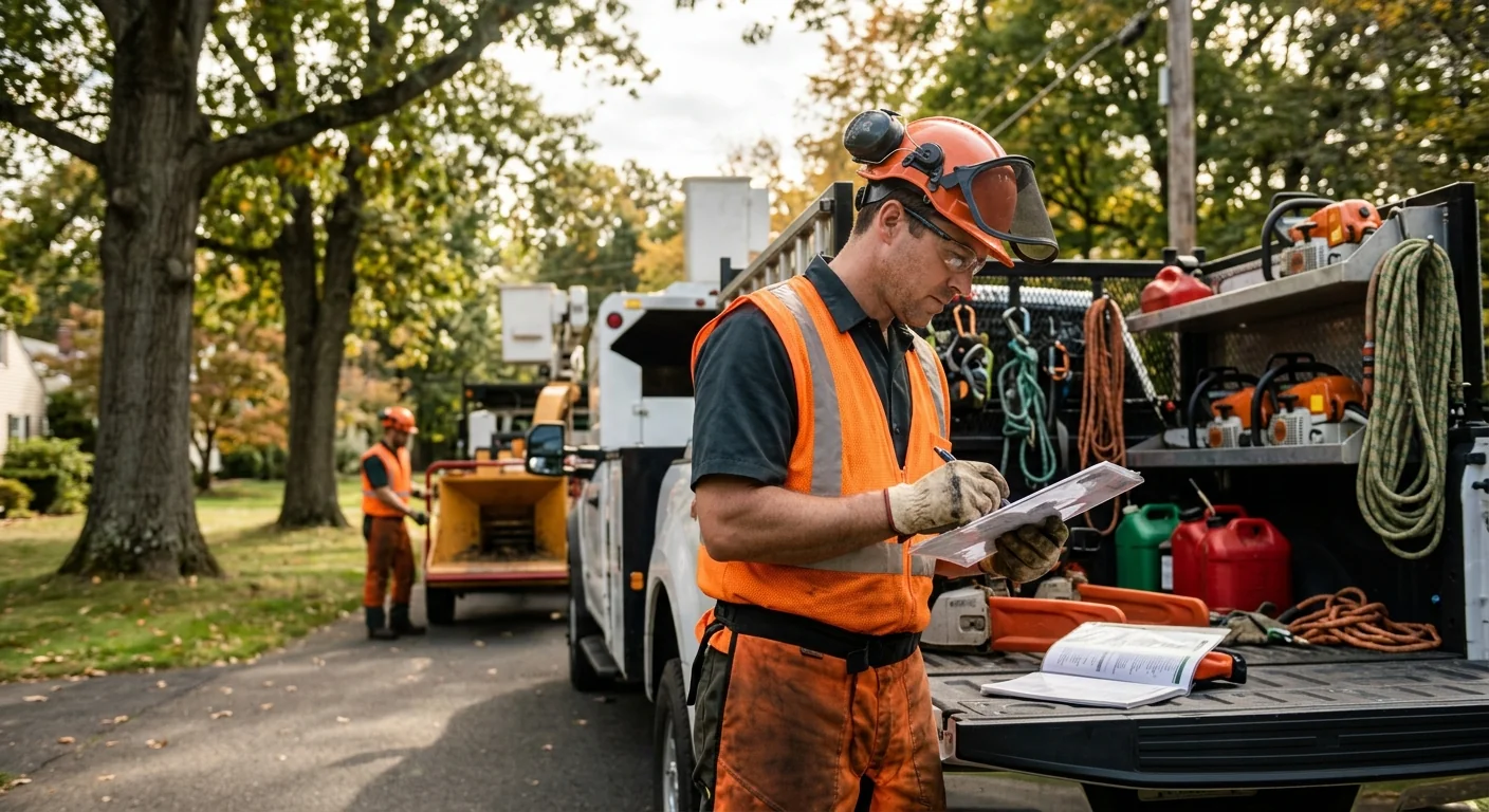 Shelton Tree Service Experts technician reviewing Tree Service equipment in Shelton, CT