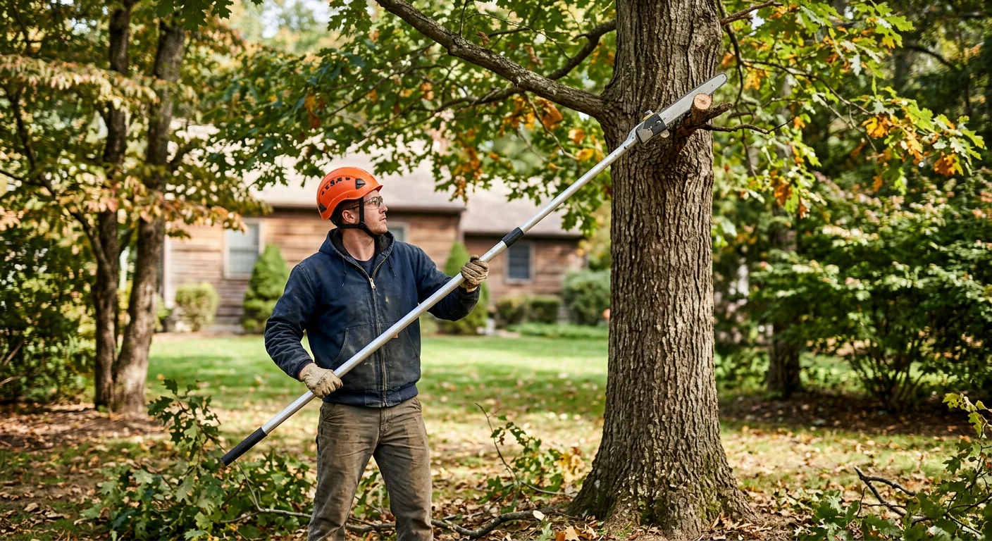 Pole saw in action removing deadwood from a lower canopy section