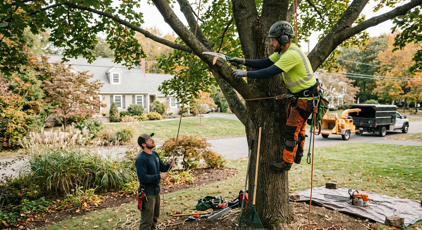 Certified crew performing precision crown thinning on a residential shade tree in Shelton
