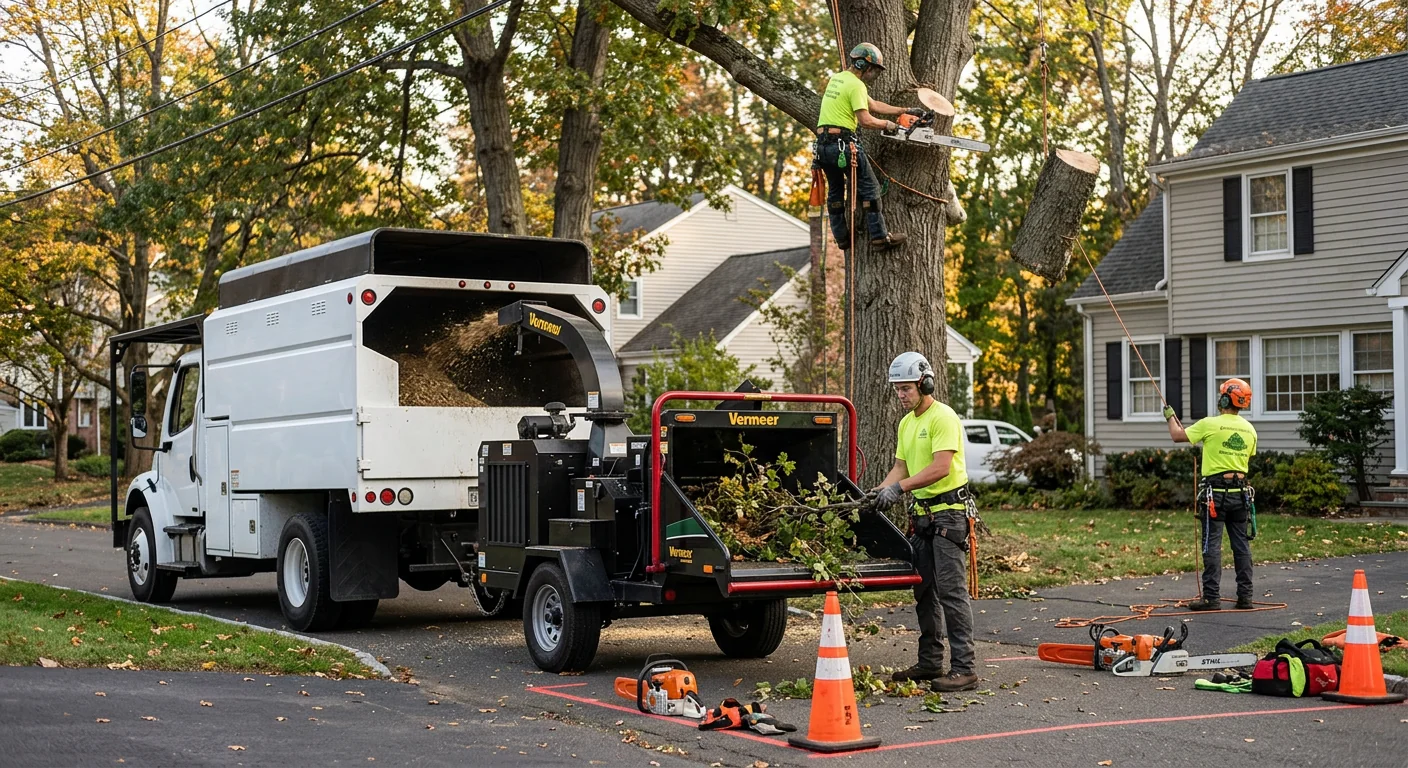 Arborist assessing a large hardwood tree for removal on a residential property