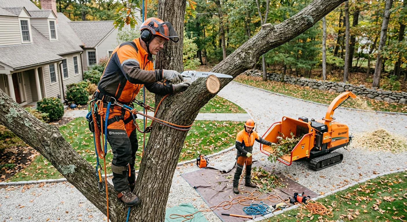 Arborist performing crane-assisted tree removal in a residential Shelton backyard