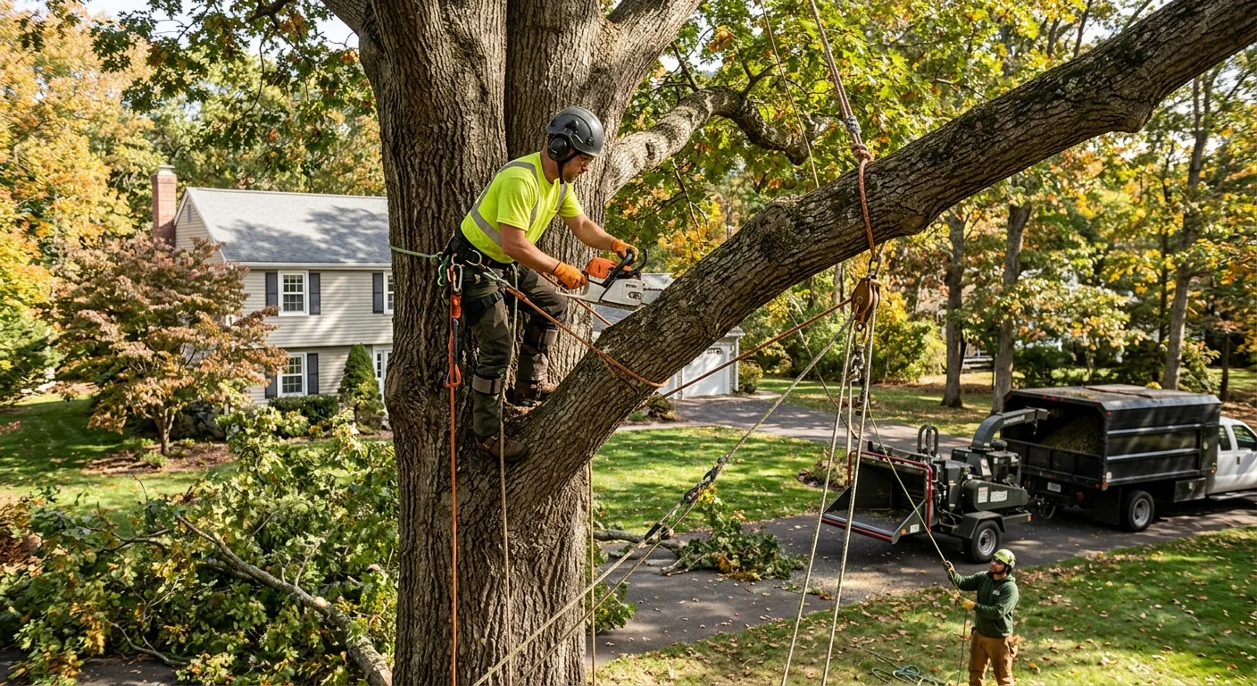 Climber sectioning a tall oak with rigging ropes on a residential Shelton lot