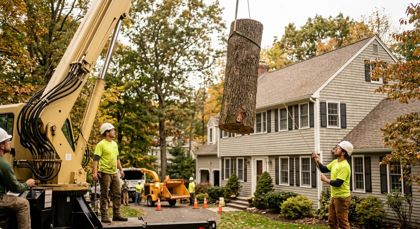 Wide view of a crane lifting a heavy trunk section clear of a house