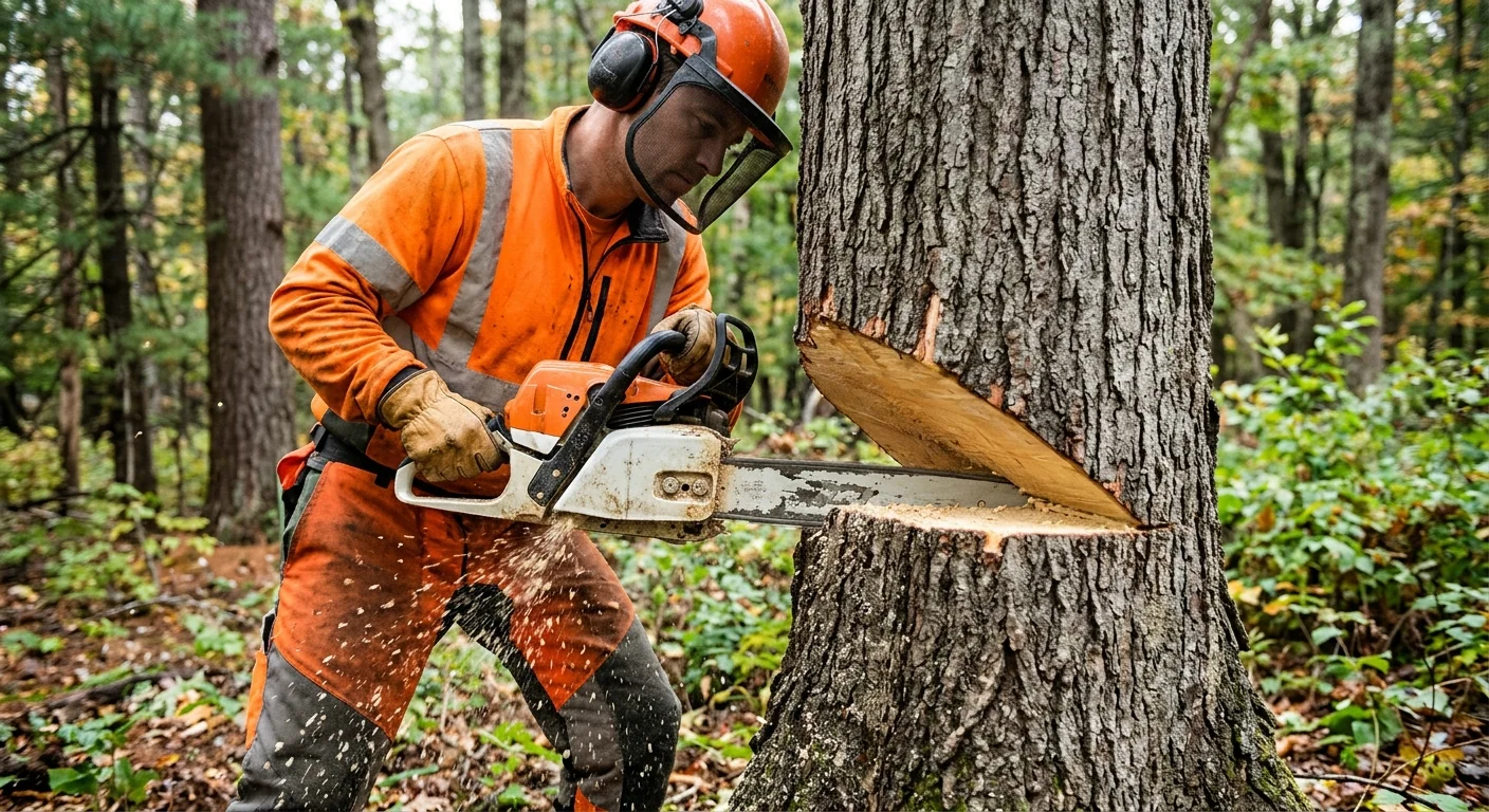 Close-up of a chainsaw making a controlled notch cut on a large maple trunk