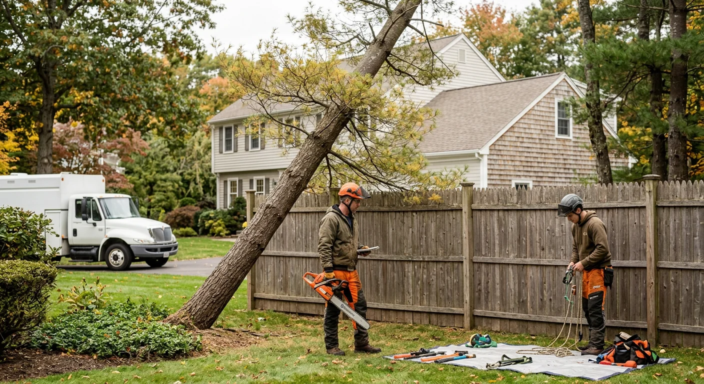 Declining pine leaning near a backyard fence before removal begins