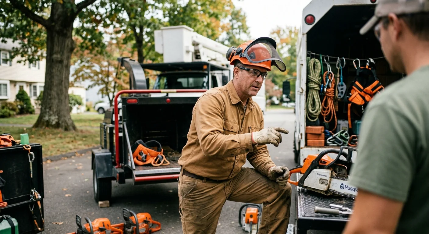 Shelton Tree Service Experts technician reviewing Tree Service equipment in Shelton, CT