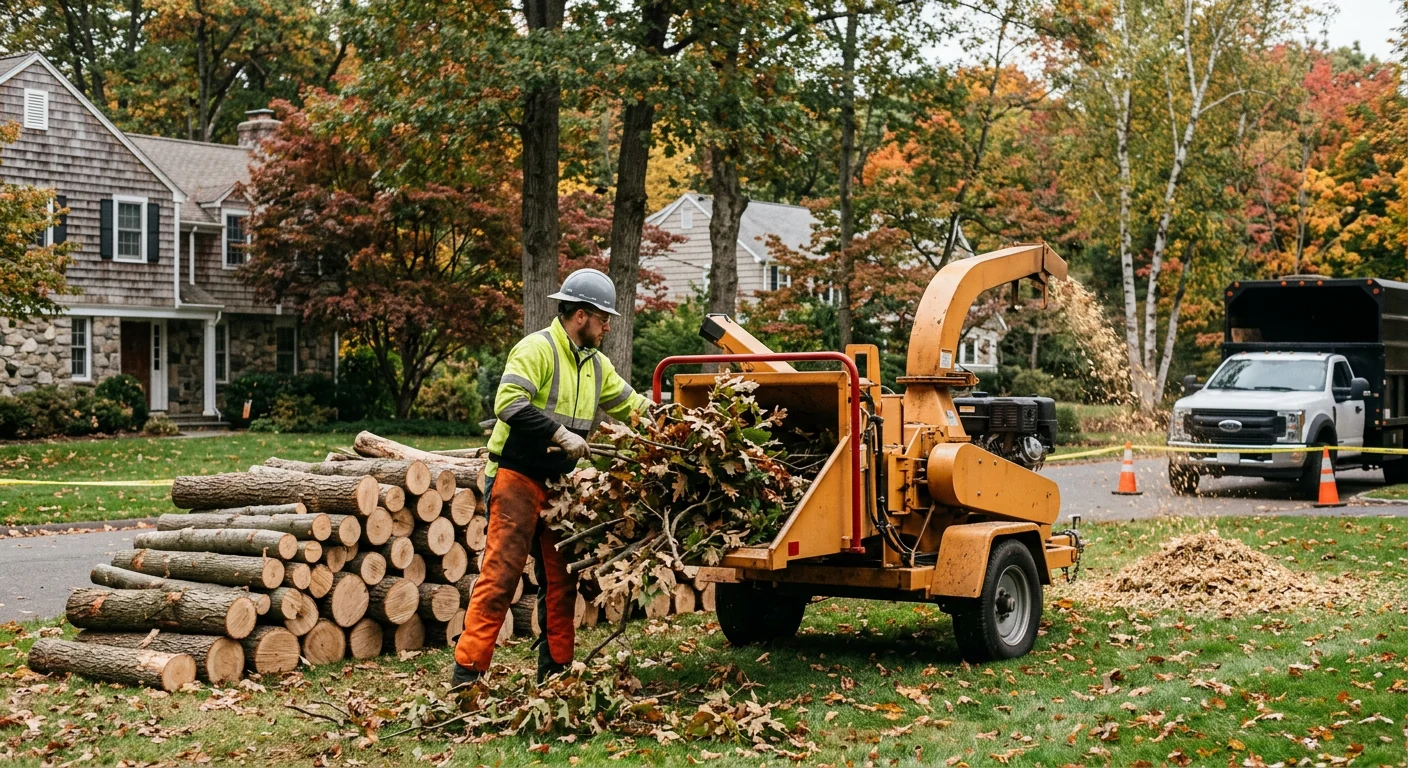 Chipper processing brush beside stacked logs on an organized worksite