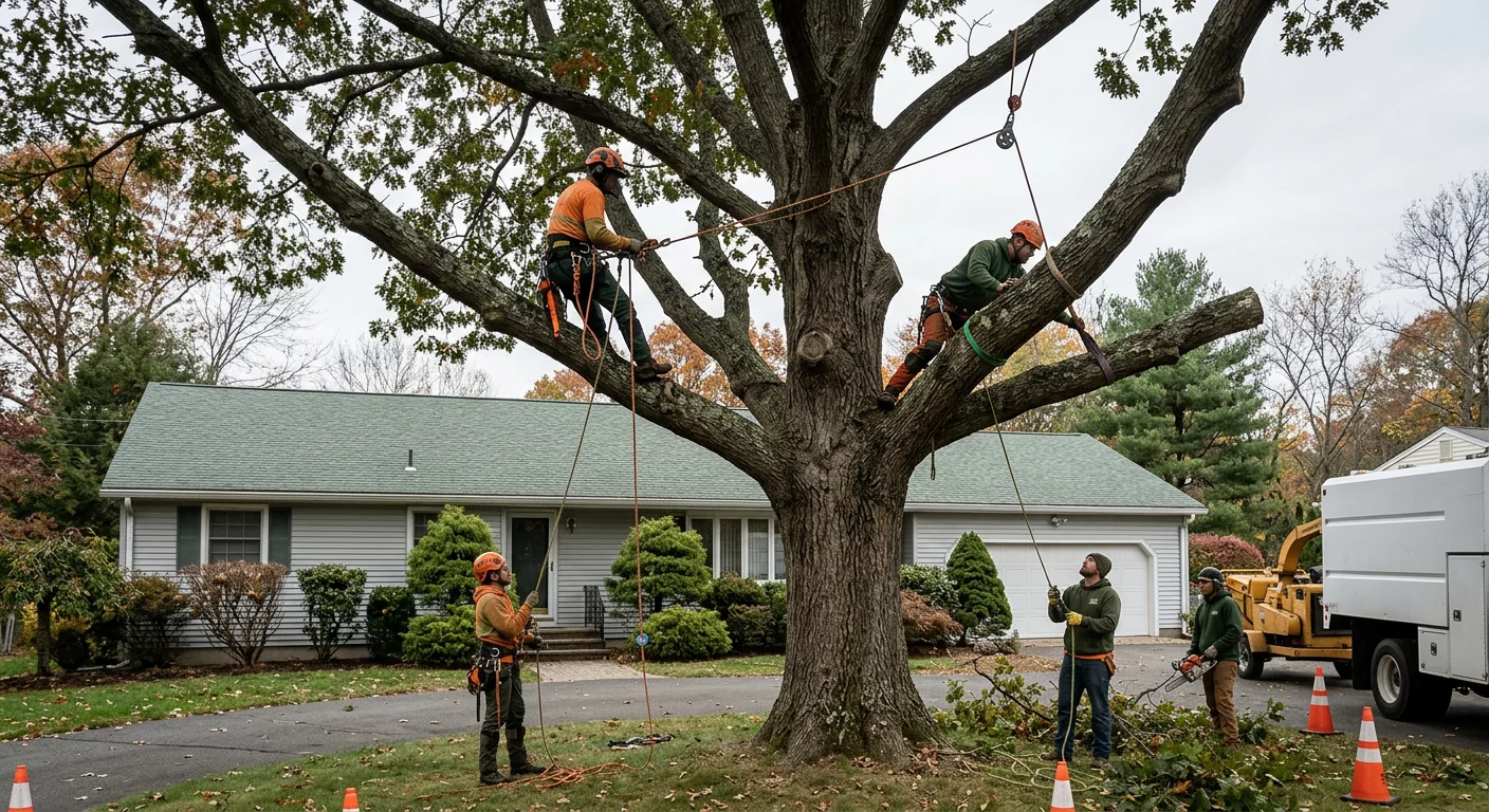 Crew rigging sections of a large tree for controlled removal near a Shelton home