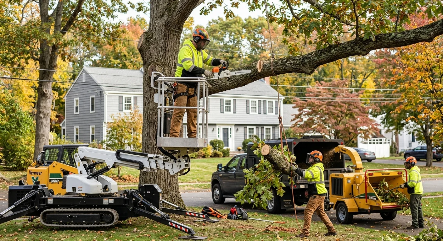 Arborist inspecting a mature tree trunk for decay on a Shelton residential property
