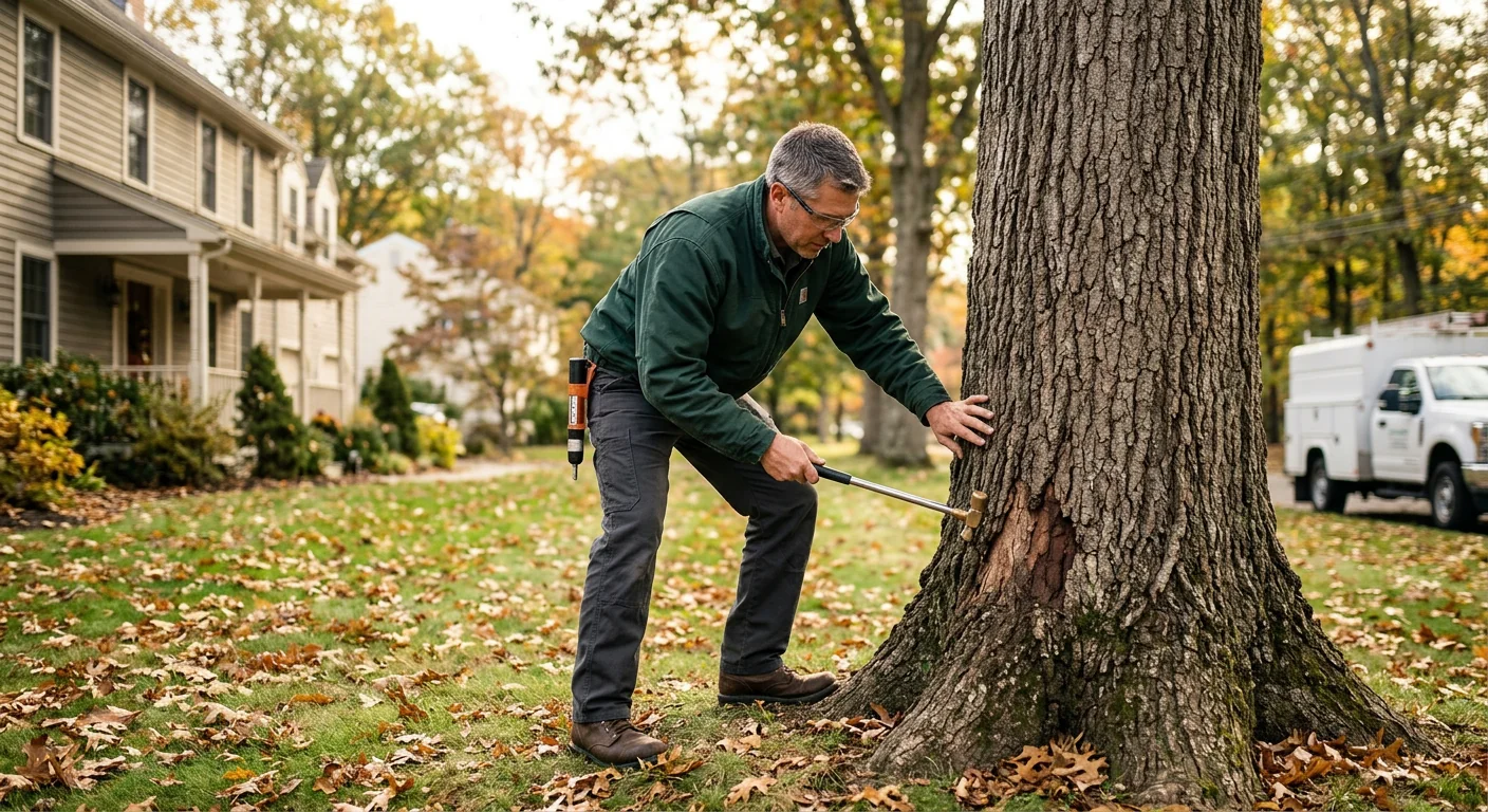 Arborist inspecting a mature oak trunk for decay in a Shelton yard