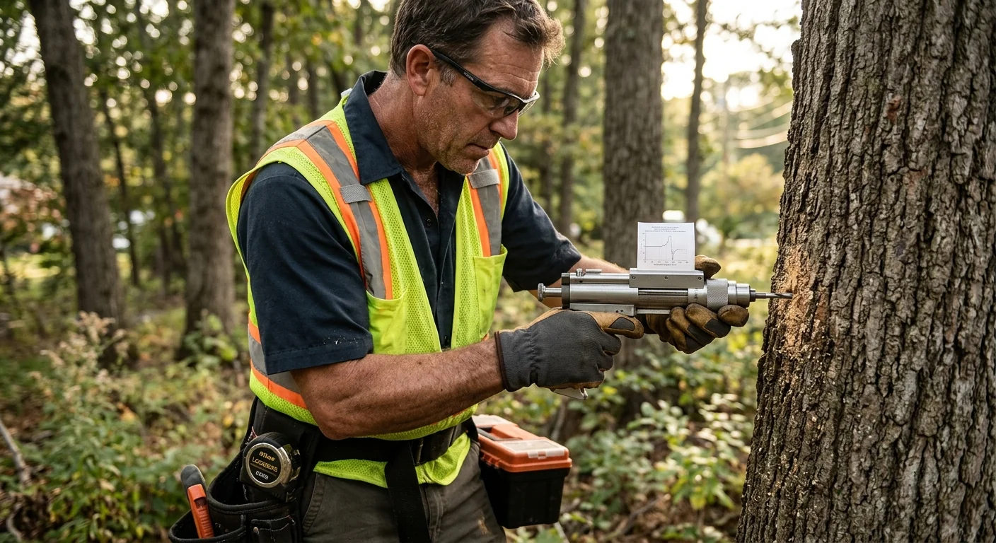 Close-up of resistograph drill testing internal wood density on a tree