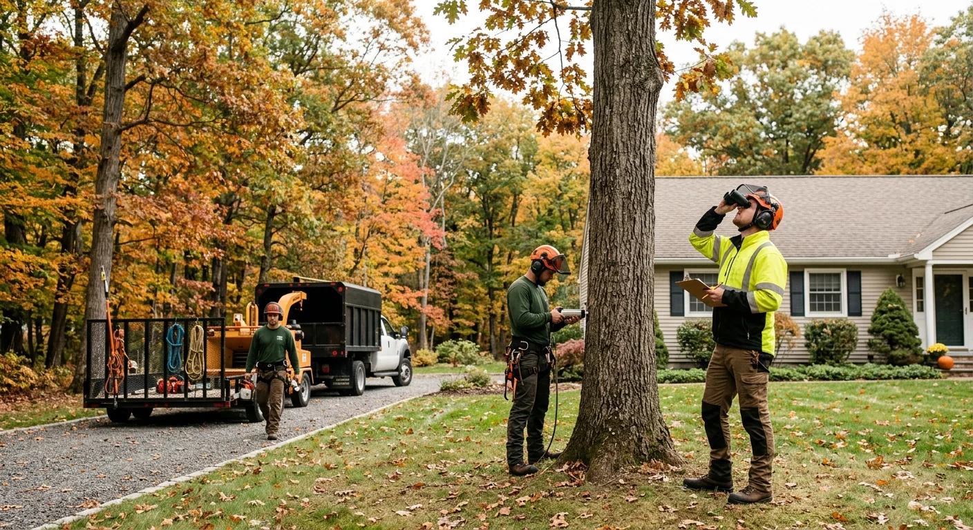Wide shot of wooded residential acreage under tree risk evaluation