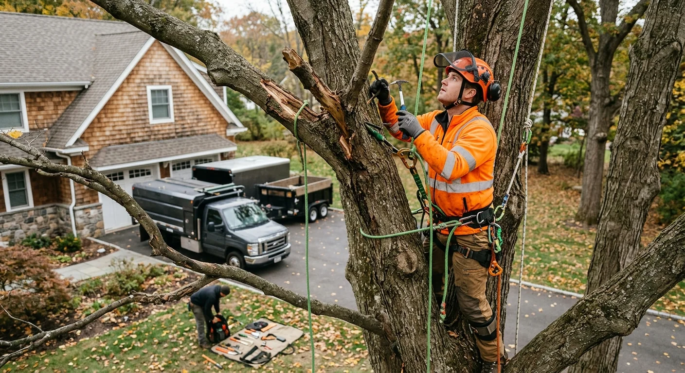 Climber conducting aerial crown inspection of a storm-weakened maple