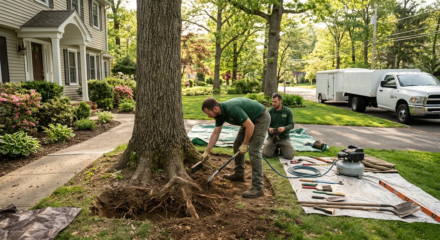 Root collar excavation revealing soil and buttress roots near a home