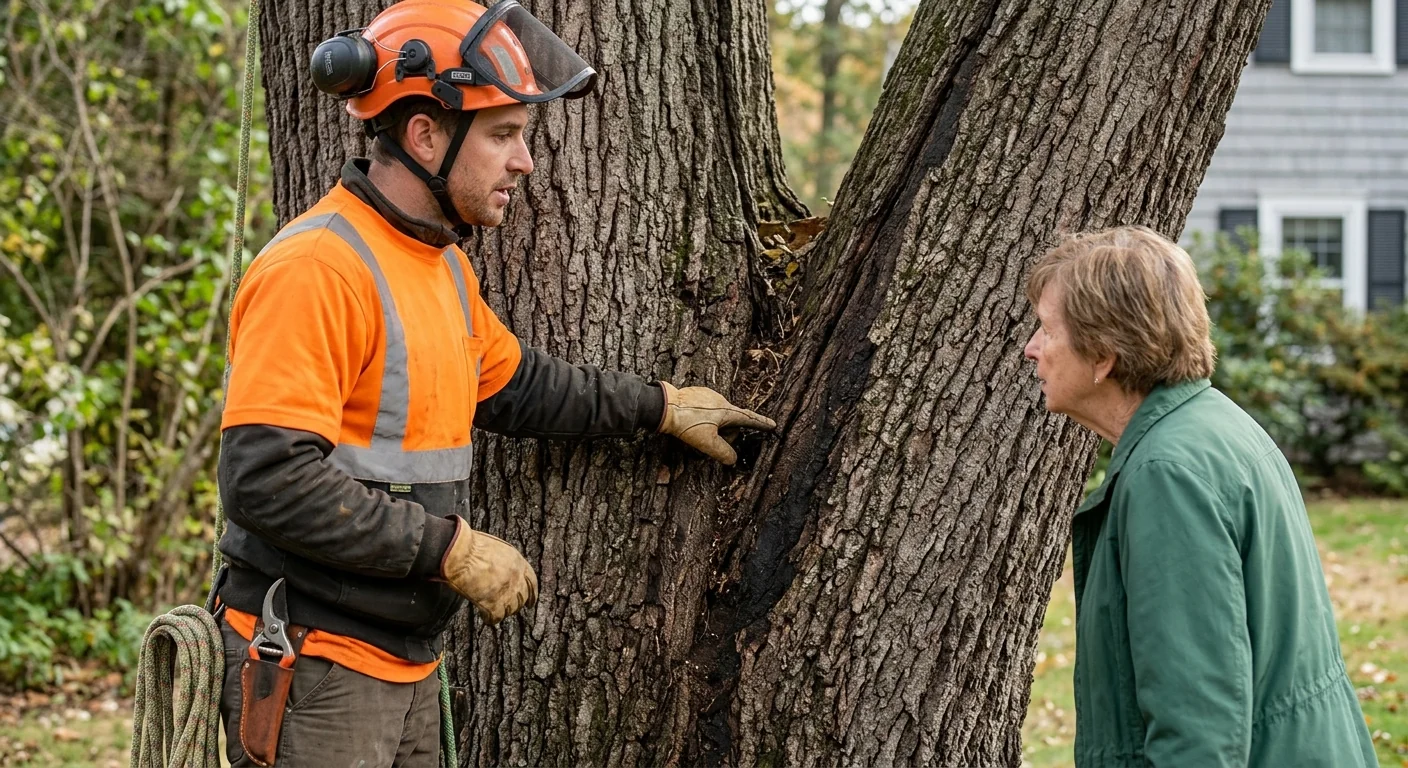 Close-up of included bark and compromised branch union on an old tree