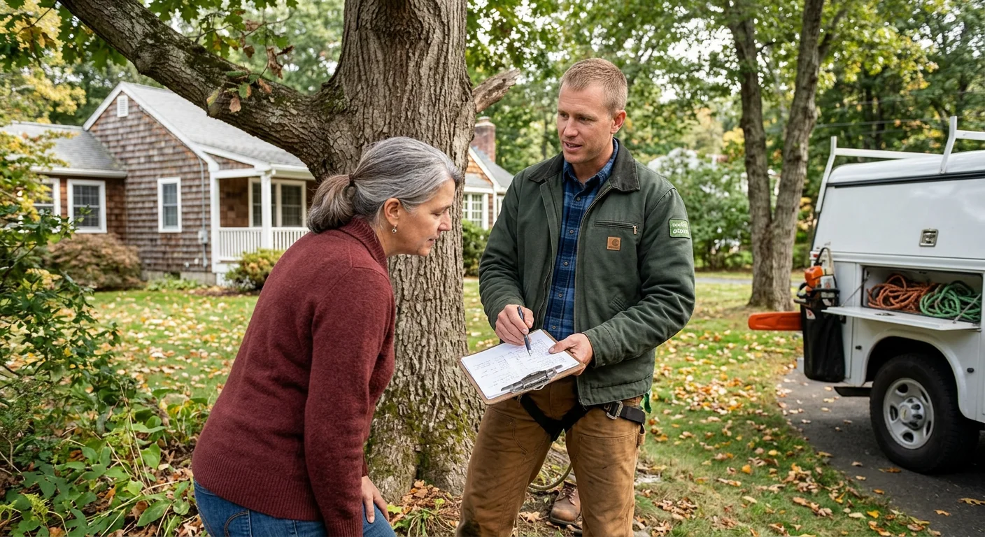 Certified arborist reviewing a written tree risk report with a Shelton homeowner