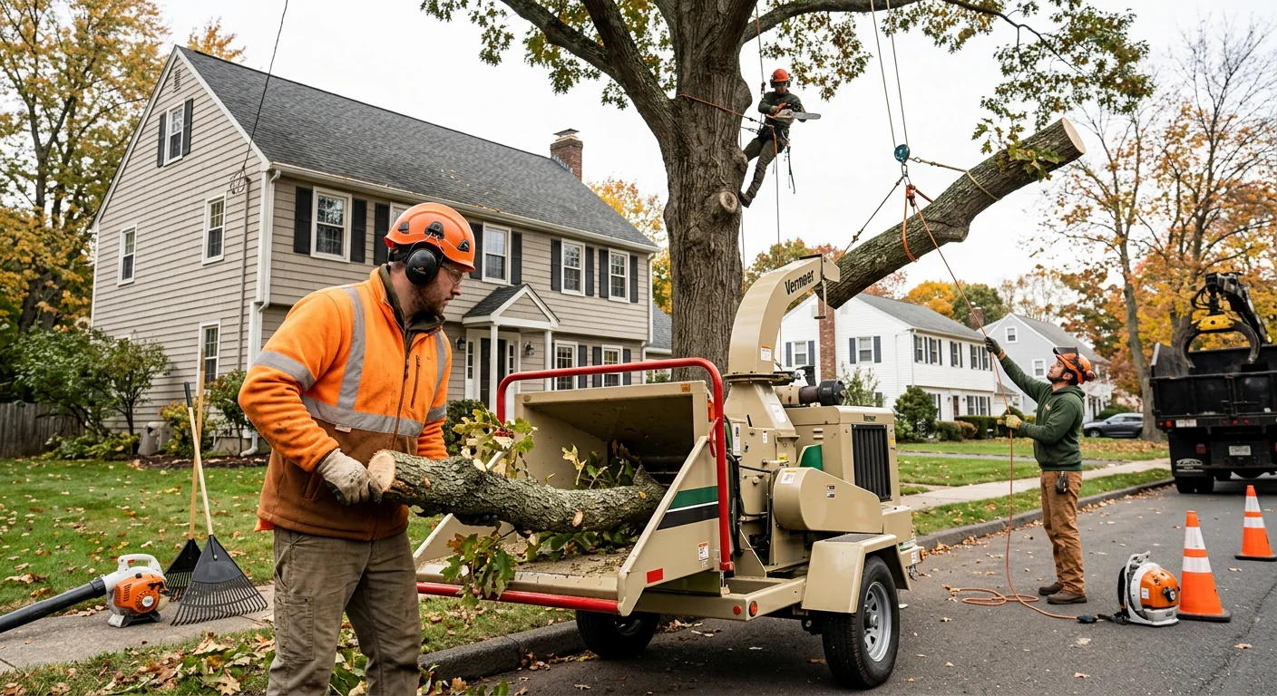 Tree service crew clearing brush and lowering limbs during an organized Shelton removal