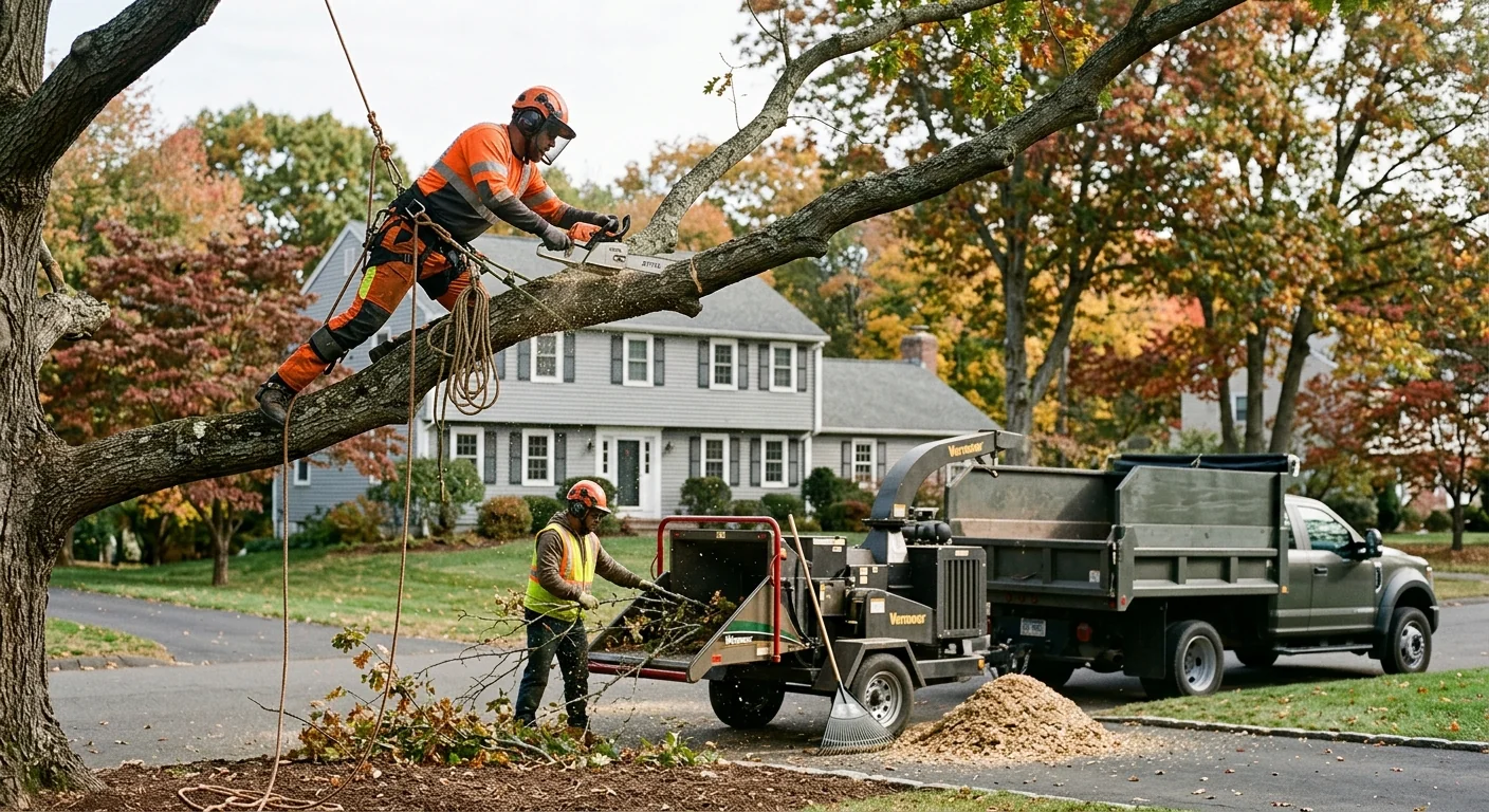 Arborist reviewing a written estimate with a homeowner beside a mature shade tree