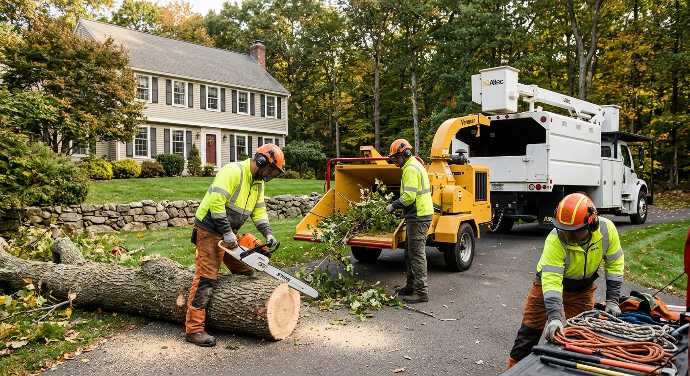 Arborist reviewing tree removal estimate details with a homeowner in a Shelton yard