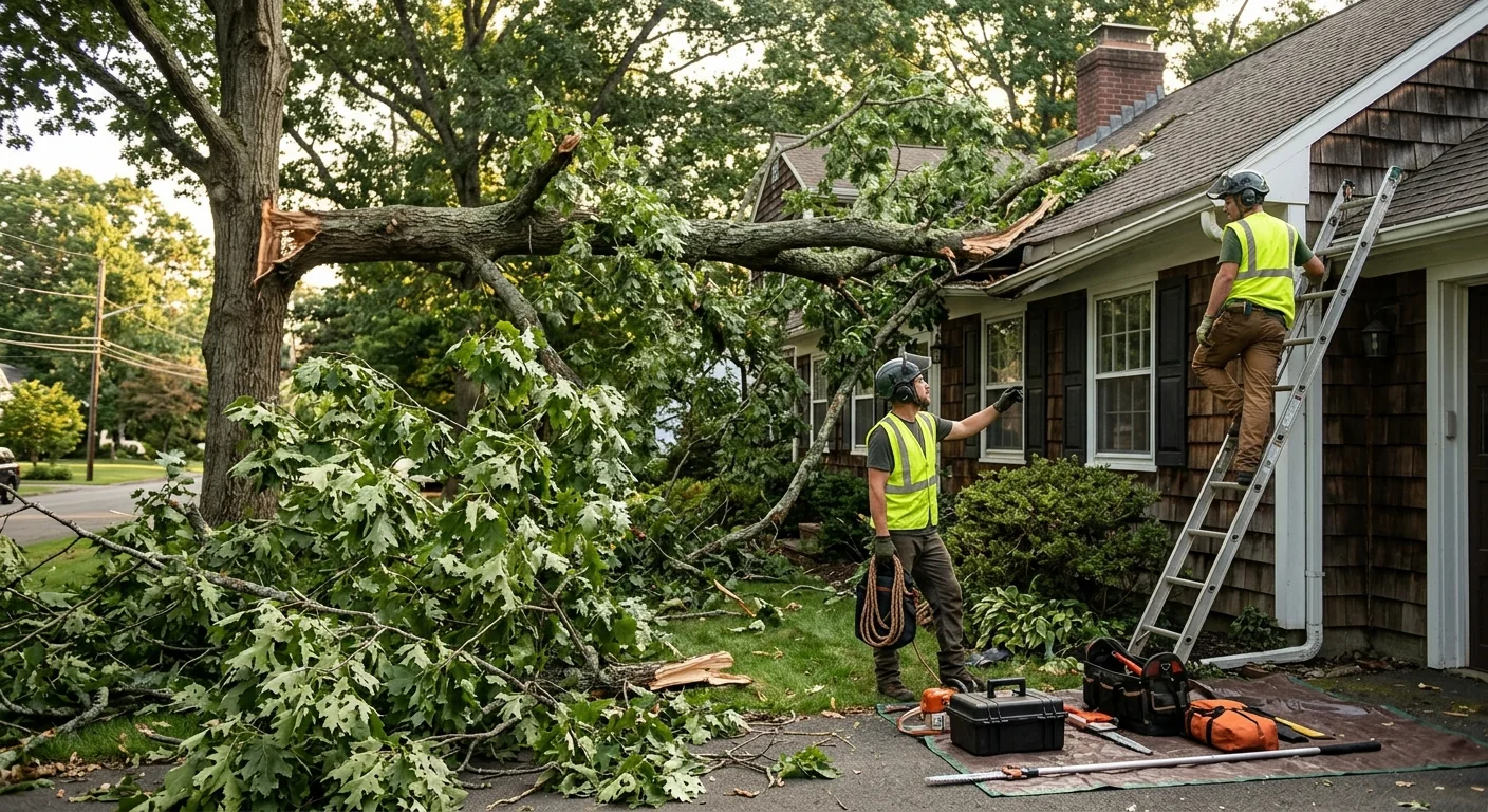 Arborist inspecting a storm-damaged hardwood beside an older Shelton home