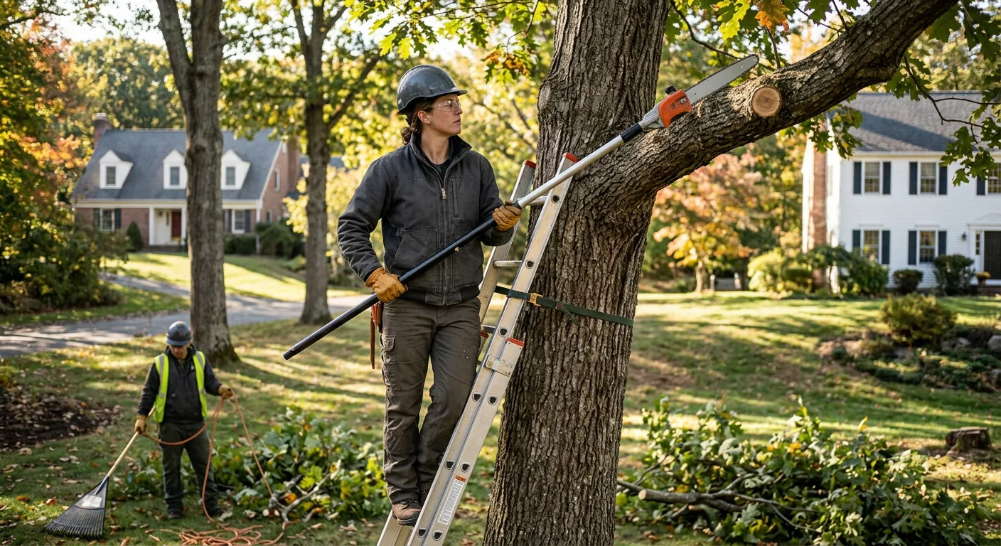 Crew member checking chainsaw and PPE at a Shelton property