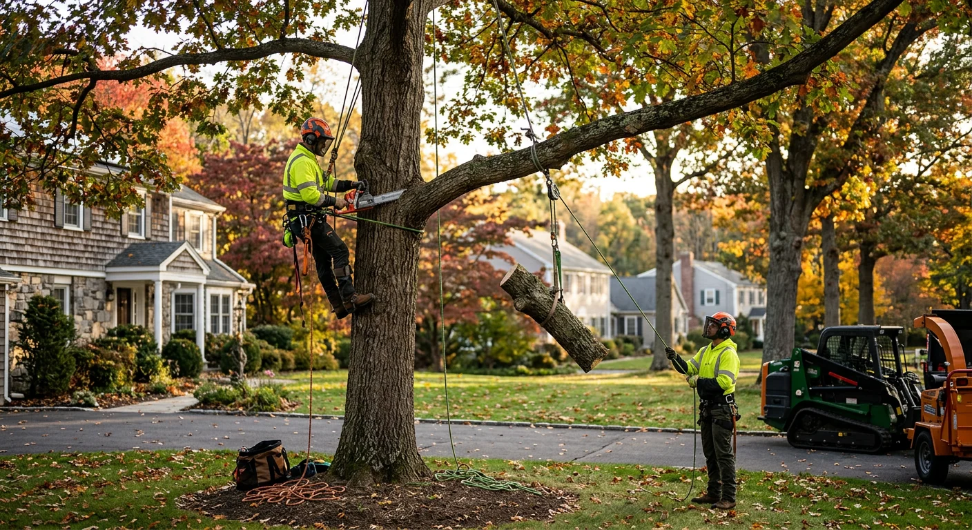 Tree care crew performing crown reduction on a Shelton residential property