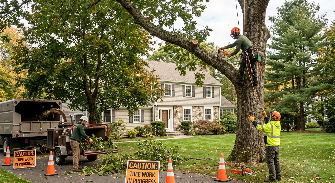 Arborist evaluating a mature oak canopy for trimming on a Shelton property