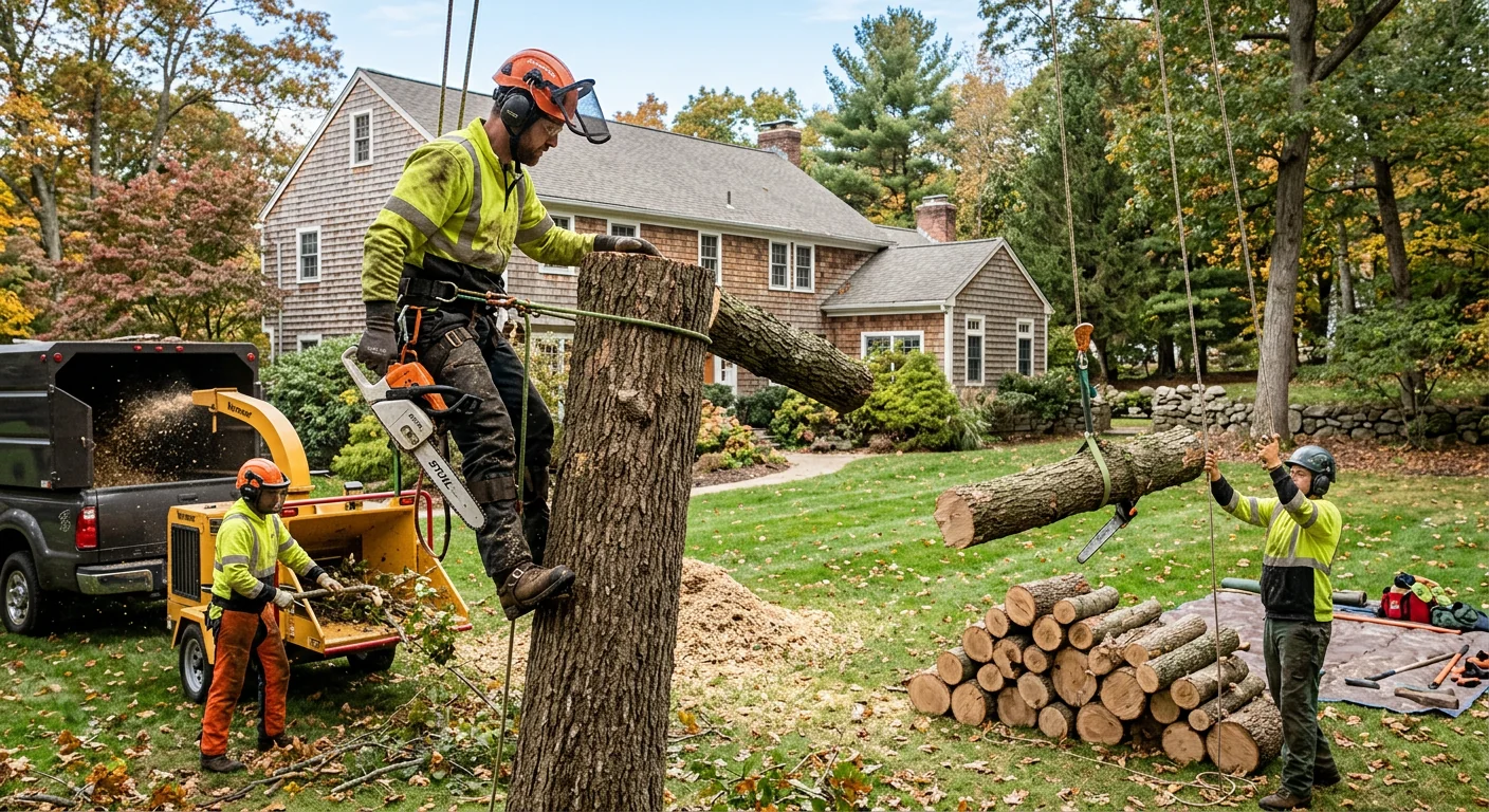 Arborist trimming a mature tree canopy on a residential Shelton property