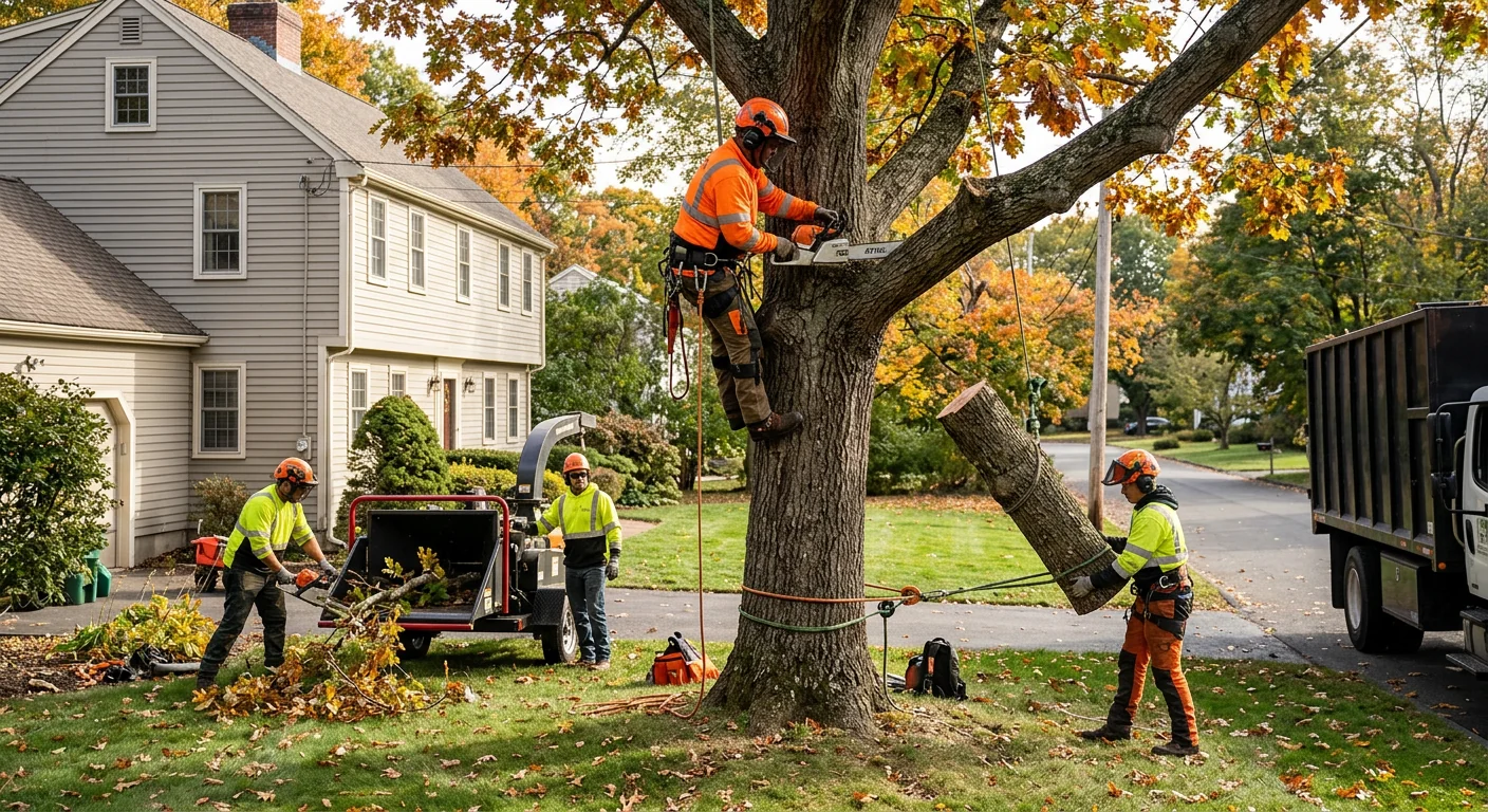 Arborist performing careful crown thinning on a mature tree in a Shelton yard