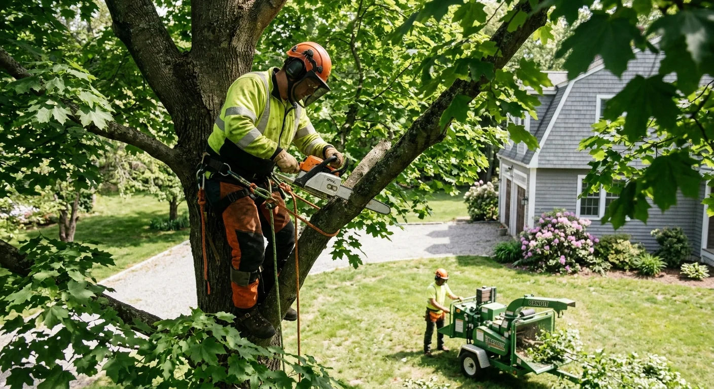 Arborist performing crown thinning on a mature maple in a Shelton backyard
