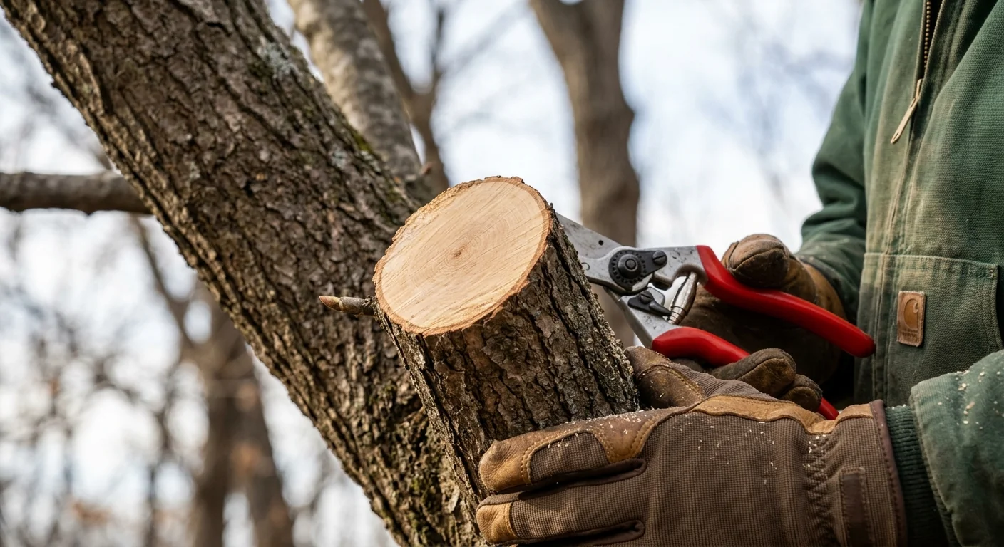 Close-up of a clean directional pruning cut on a hardwood branch