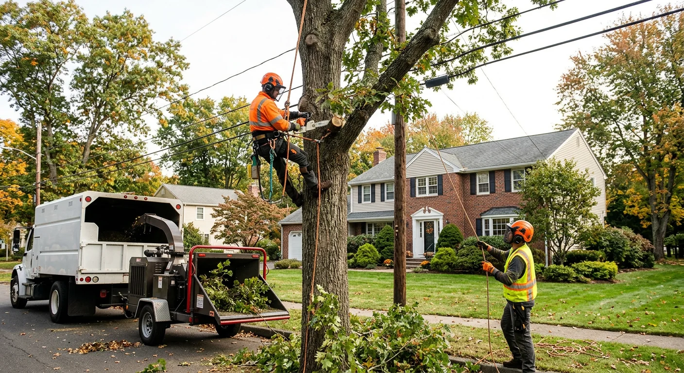 Wide shot of a residential frontage after tree trimming near utility lines