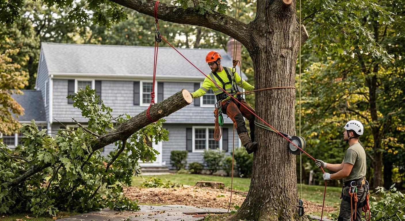 Climber using rigging ropes to lower a trimmed limb safely