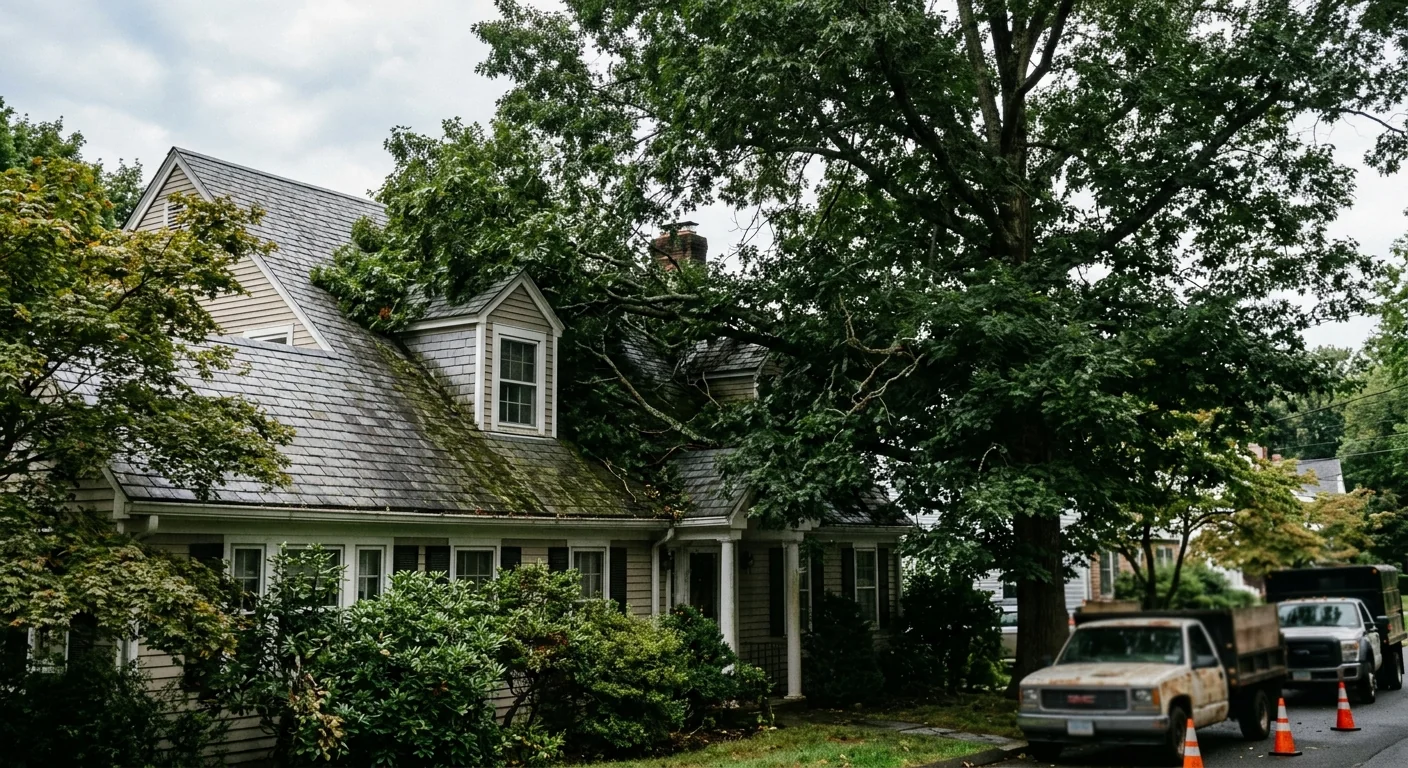 Before context showing overgrown canopy crowding a Shelton rooftop