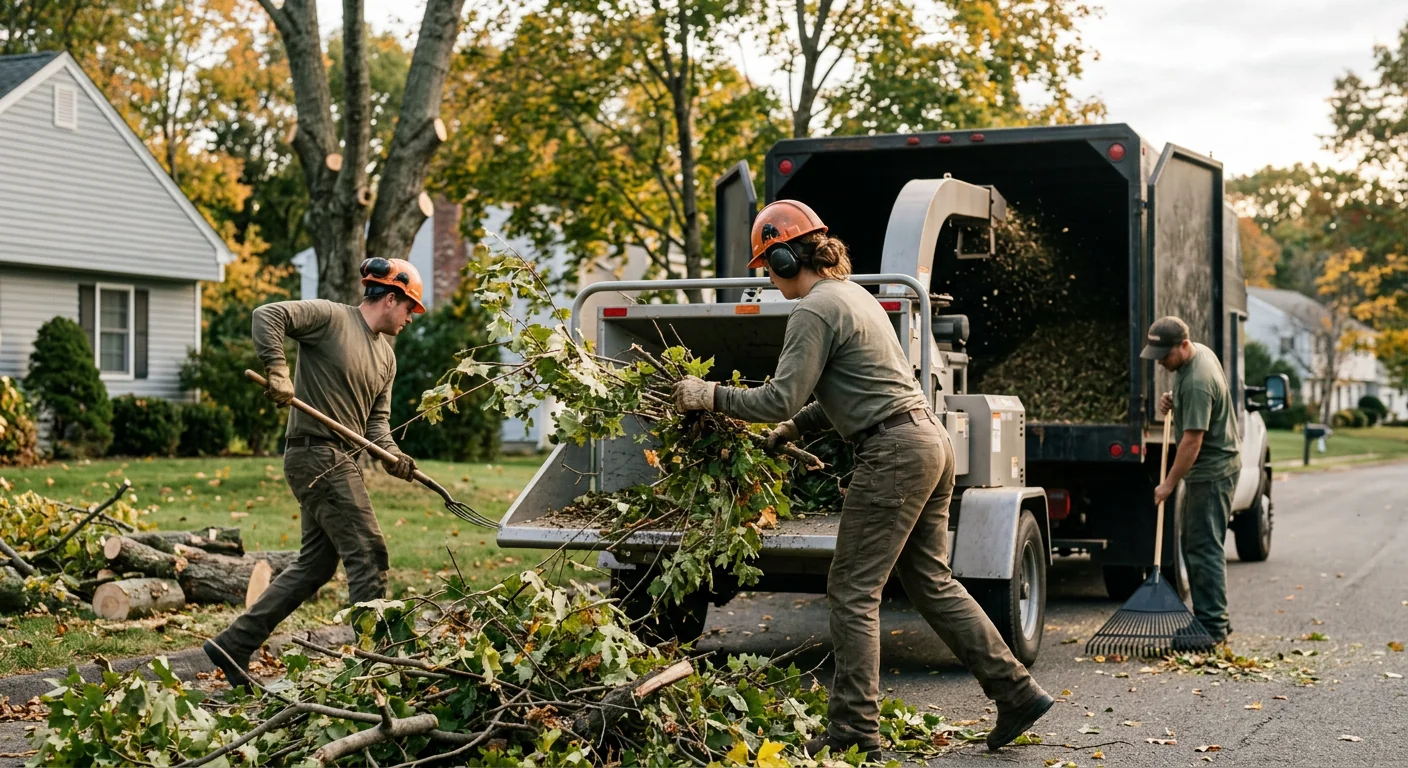 Ground crew loading trimmed brush and debris after canopy work