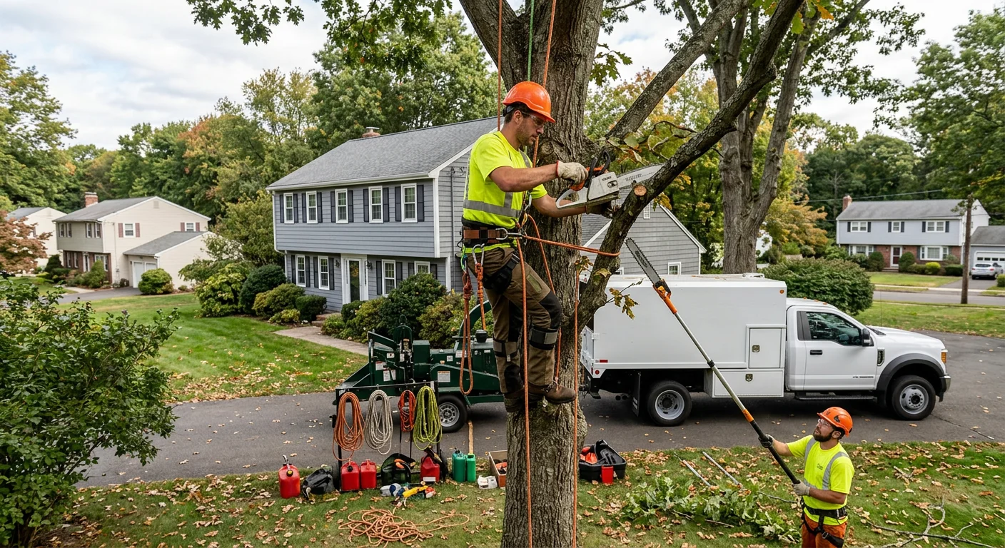Certified crew performing precision canopy pruning on a residential Shelton tree